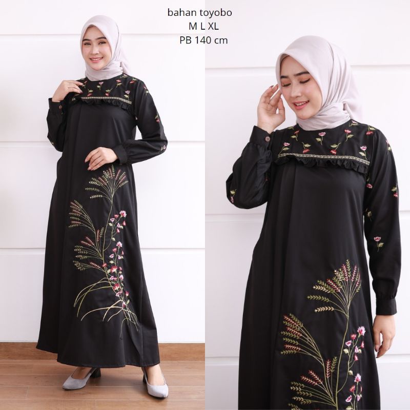 ZAJA - Baju Gamis Motif Bordir Bunga Padi Terbaru / Gamis Katun Toyobo Polos Bordir Mewah 2022 / Dress Muslim Katun Toyobo Bordir Kembang / Gamis Bordir Jumbo / Dress Big Size Bordir Cantik