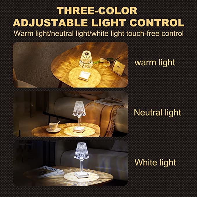 COD !!  Crystal Table Lamp Acrylic Tricolor Diamond Lampu Bedside Night Light Wireless USB Rechargeable Adjustable Lampu Tidur Minimalis