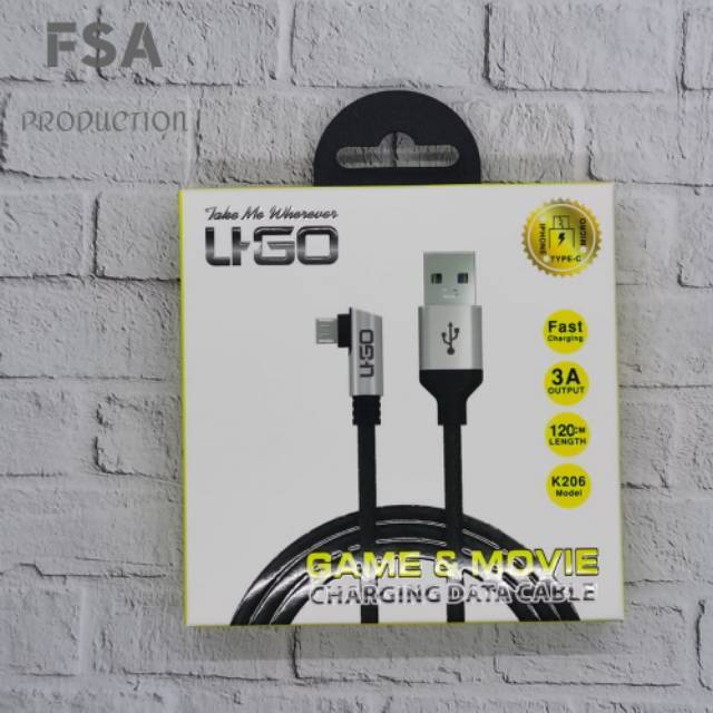 UGO K206 3A Kabel Data Usb Micro, Type C , Lightning Iphone, 1200cm For Gaming & Movie