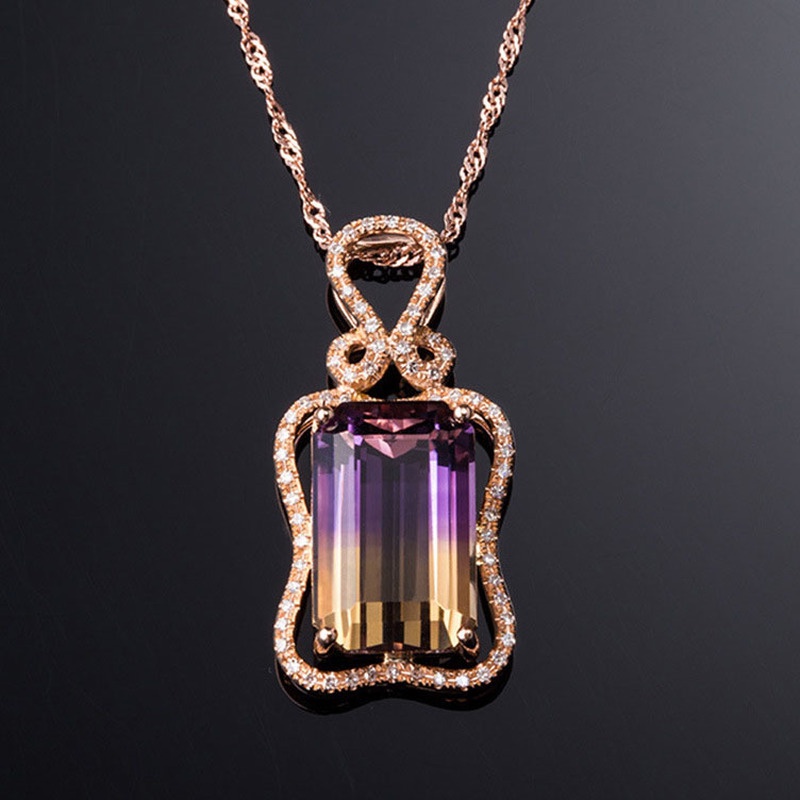 [Ready Stock]Fashion Luxury Inlaid Colored Gemstone Pendant 18K Rose Gold Plated Necklace