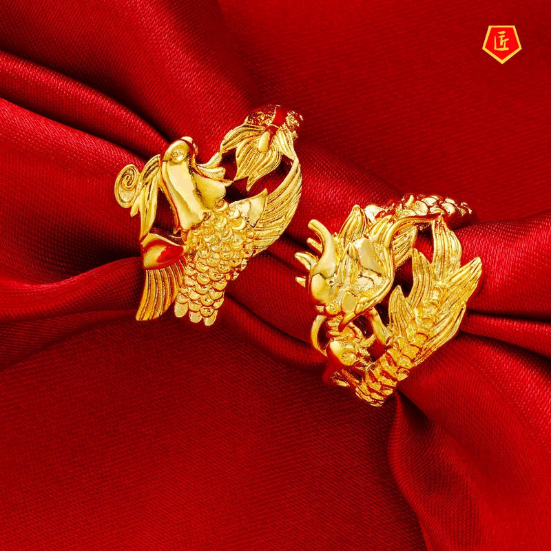 [Ready Stock]3D Golden Dragon and Phoenix Couple Ring Refined Grace