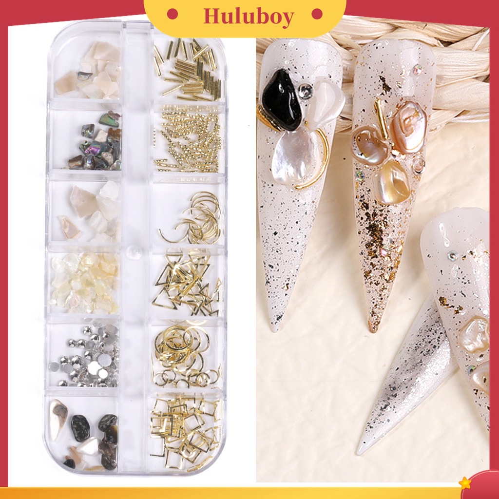 Huluboy Huluboy♡ 1 Kotak 12 Grids Payet 3D Bahan Alloy Untuk Dekorasi Nail Art