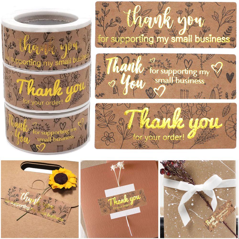 SOLIGHTER 120PCS/Roll 3x1 Inch Thank You For Supporting Stationery Kraft Paper Decals My Small Bussiness Package Decor Gift Hot Stamping Rectangle Leaves Floral Stickers Envelope Sealing Labels