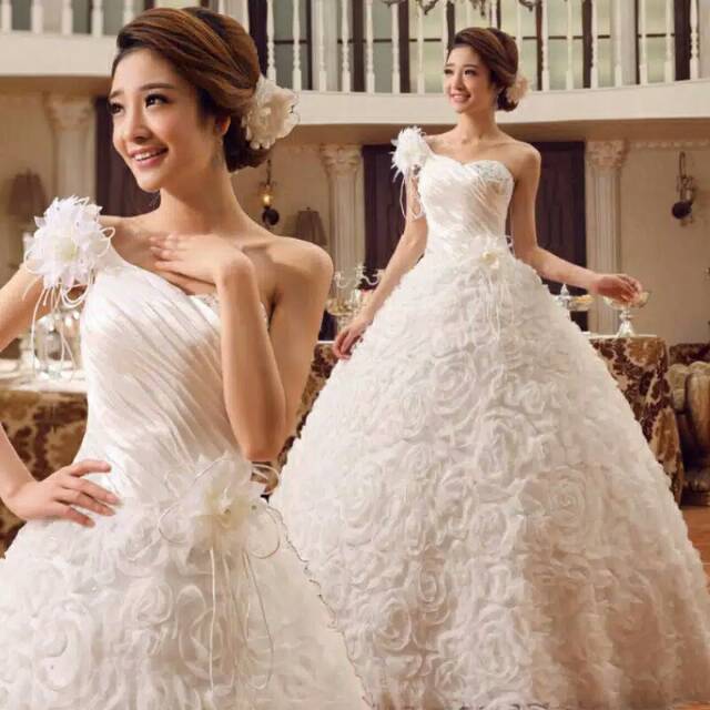  baju  pengantin bridal dress model one shoulder rok  mawar 
