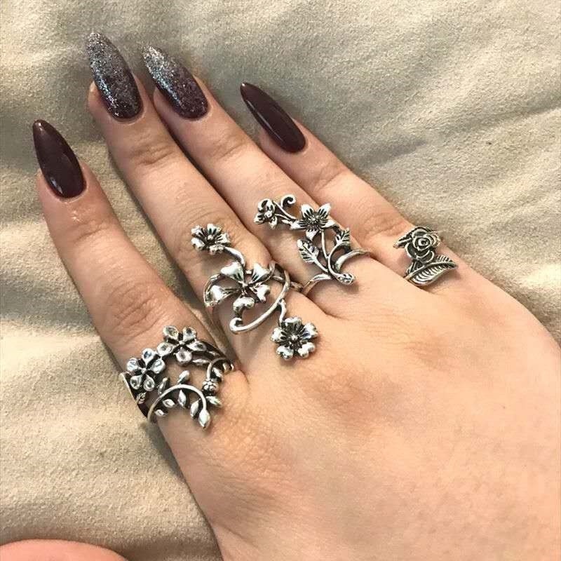 4 Pcs / Set Cincin Knuckle Bentuk Bunga Daun Ukiran Warna Silver Bahan Alloy Gaya Retro Antik Untuk Wanita