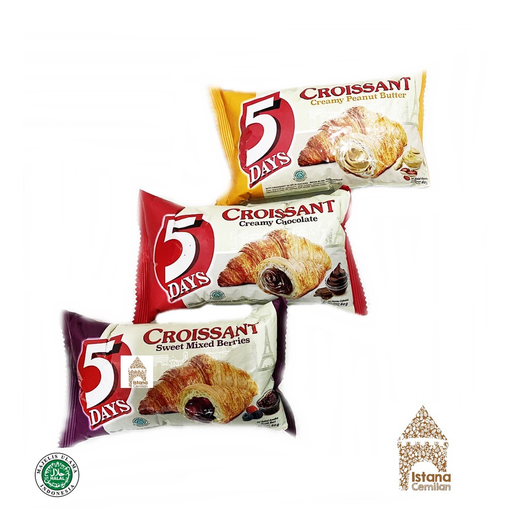 5Days / 5 Days Roti Croissant Cheese / Chocolate / Mixed Berries / Srikaya 60 Gram