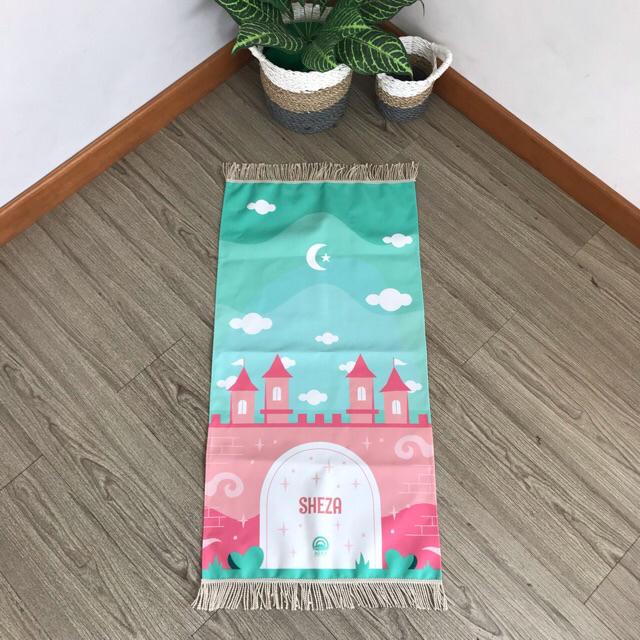 Sajadah Anak Premium Grade Gratis Custom Nama,  Anti slip, bisa Lapis Busa (Tebal dan empuk), Full Printed motif Lucu-mint Castle
