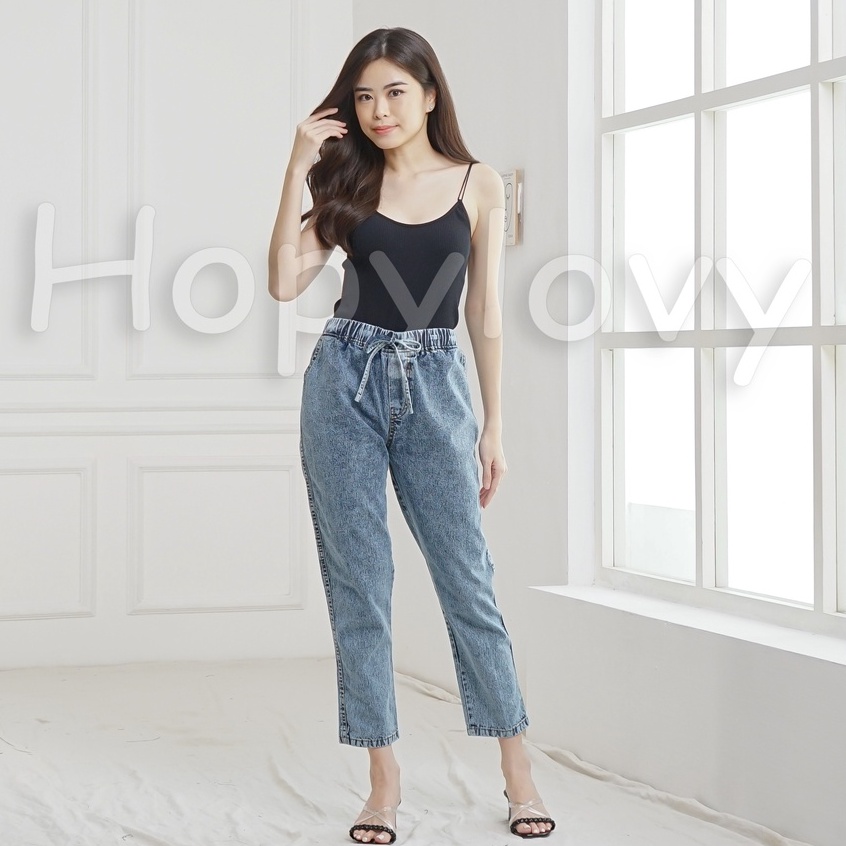 HOPYLOVY Celana Boyfriend Jeans Wanita Pinggang Karet BF Snow Eva