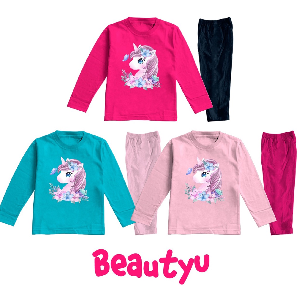 Baju Tidur Piyama Untuk Anak Usia 2-8 Tahun Lengan Panjang Unicorn Cute Bahan Katun Combed 30s