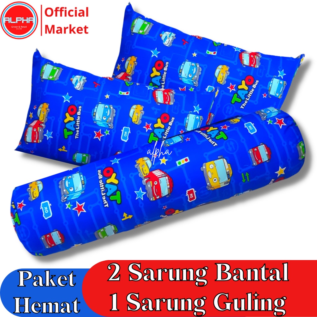 sarung bantal guling 1set murah motif karakter kartun anak tayo blue bahan katun disperse warna tidak luntur