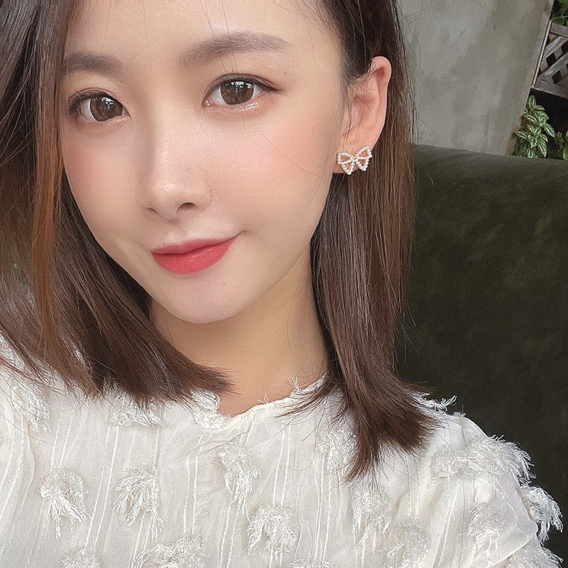 Anting S925 Silver Bentuk Pita Aksen Mutiara Gaya Korea