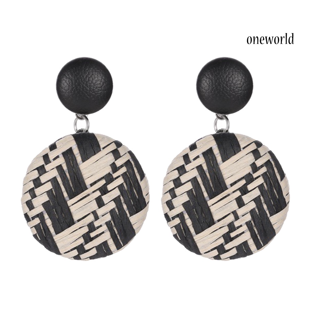 OW@ Boho Women Geometric Round Button Woven Straw Dangle Stud Earrings Jewelry