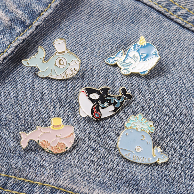 Whale Bros Pin Enamel Desain Kartun Ikan Paus / Bunga / Ombak Laut Untuk Anak Laki-Laki / Perempuan