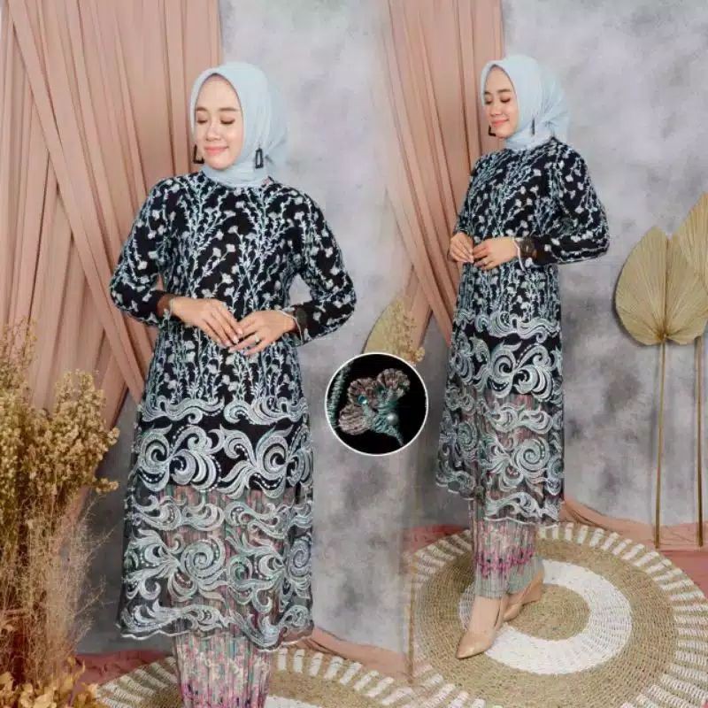 SETELAN KEBAYA TILLE BORDIR HITAM/KEBAYA TUNIK TULLE IMPORT/KEBAYA KEKINIAN