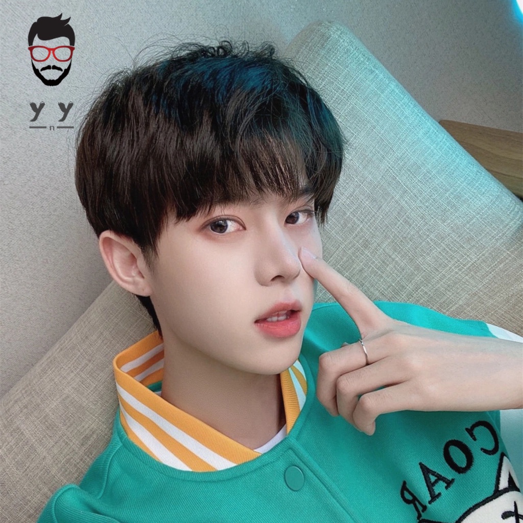 Wig rambut pendek pria bisa miring dan poni udara siswa patah penutup telinga gaya rambut pelatihan 