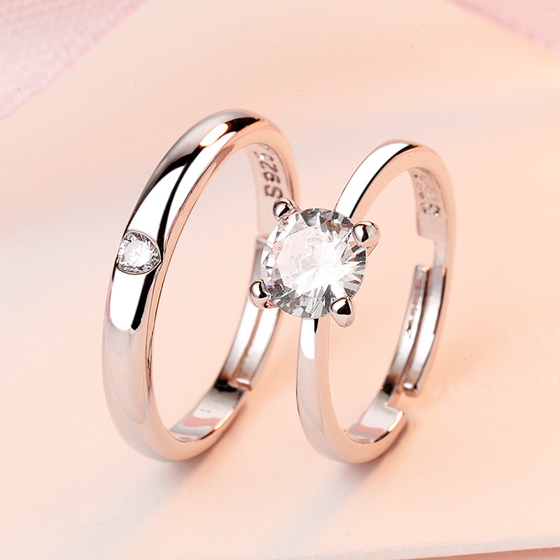 2pcs / Set Cincin Model Terbuka Bahan Sterling Silver 925 Desain Hati Hias Berlian Gaya Korea Untuk Hadiah