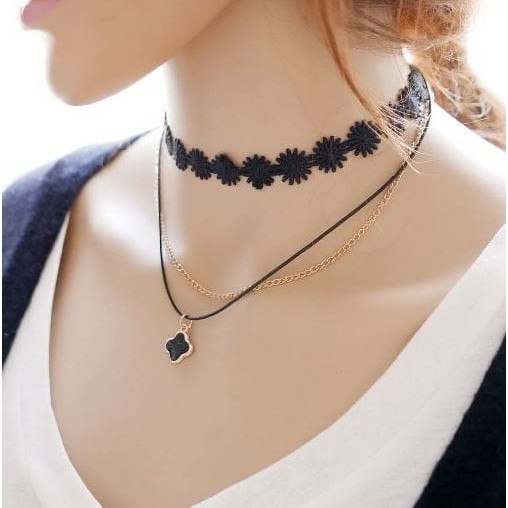 Kalung Choker Leher Fashion Wanita Hitam Double