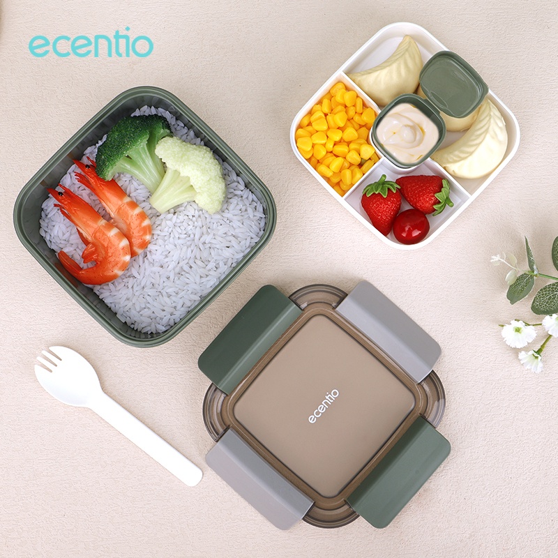 ecentio 1.1L lunch box/kotak bekal/kotak makan/tempat makan double-layer 1100ml anti bocor BPA free wadah saus square