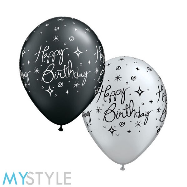 BALON LATEX MOTIF HAPPY BIRTHDAY BLACK &amp; WHITE MIN 10 BALON LATEX MURAH