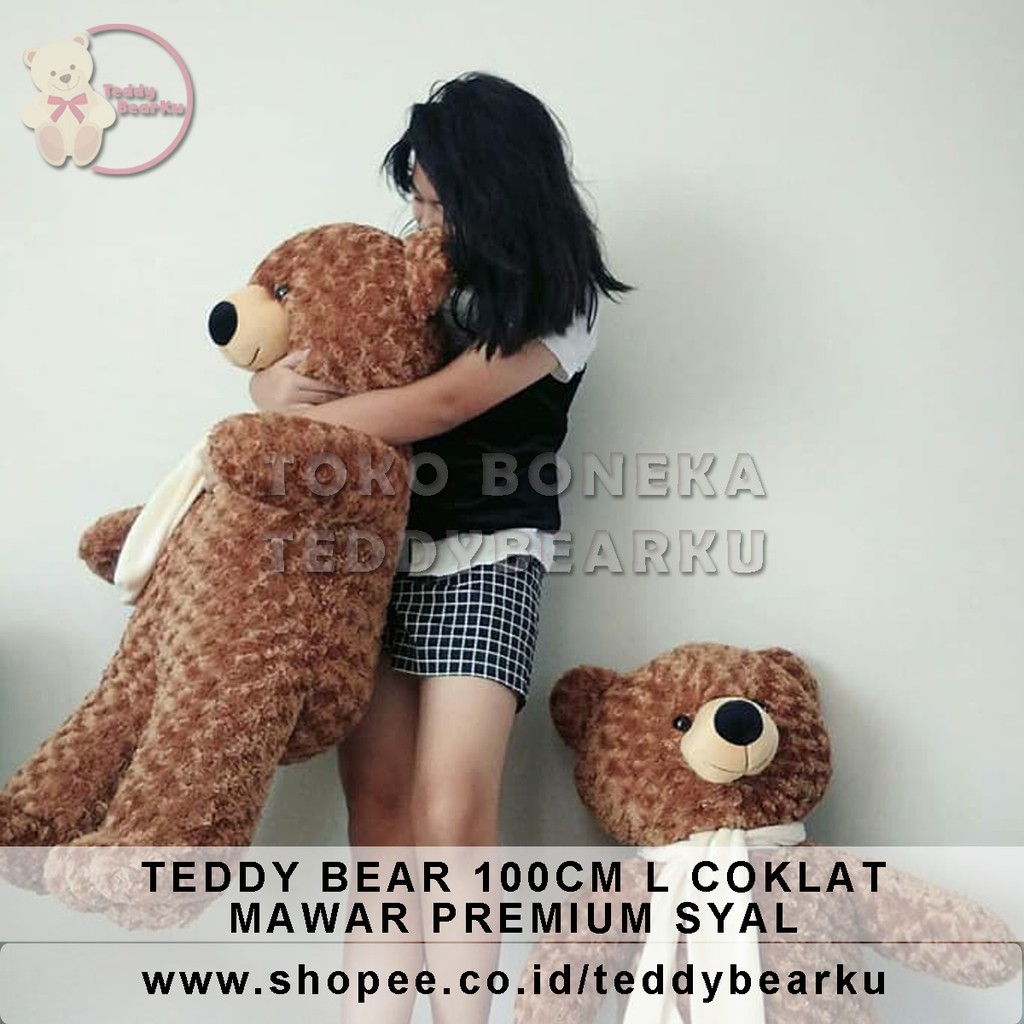 Boneka Teddy Bear Mawar Coklat 1 Meter Premium + Syal (Langka)