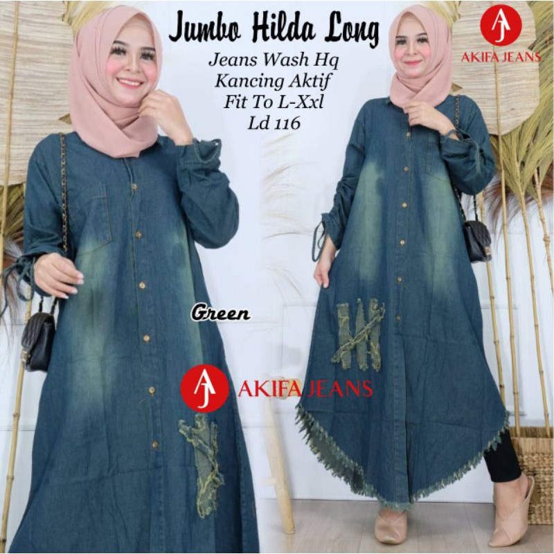 jumbo hilda long tunik green jeans wash ld 116cm kancing aktif