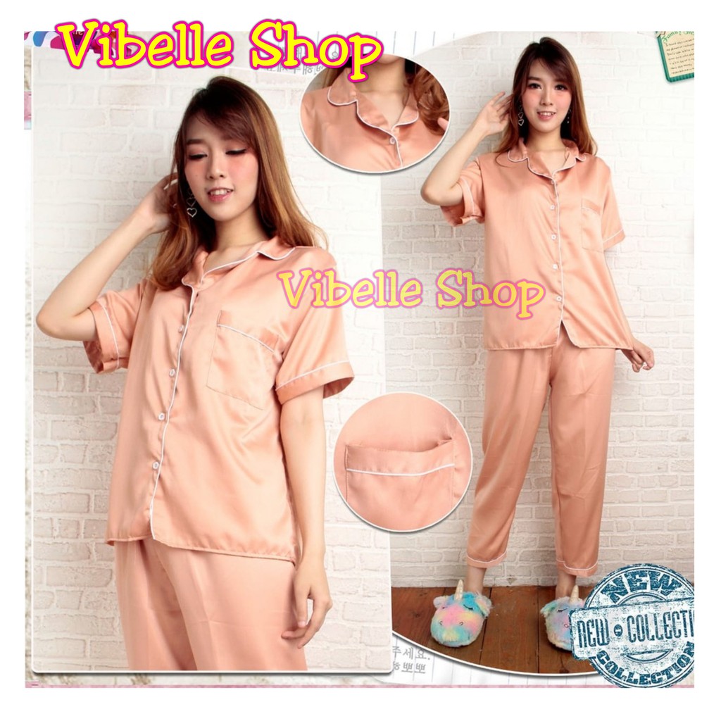 SATINCP - Satin Silky Velvet Premium Vibelle Shop Grosir Baju Tidur CP Piyama Fashion Murah Wanita-cream/coksu
