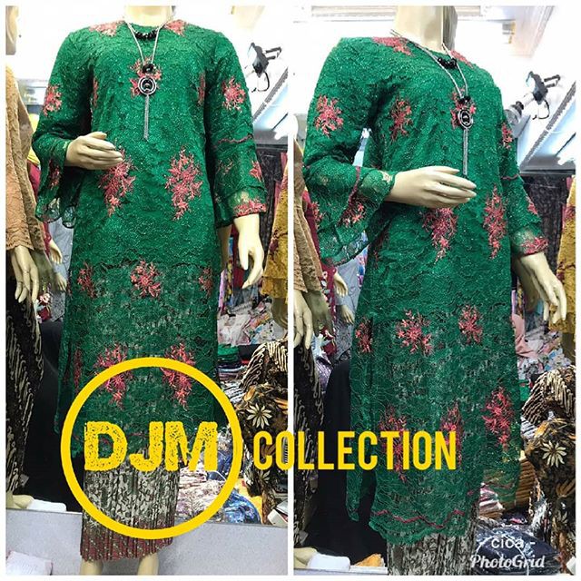 Setelan Kebaya Brukat Tunik Bordir Hijau Botol Mix Plisket / Kebaya Modern