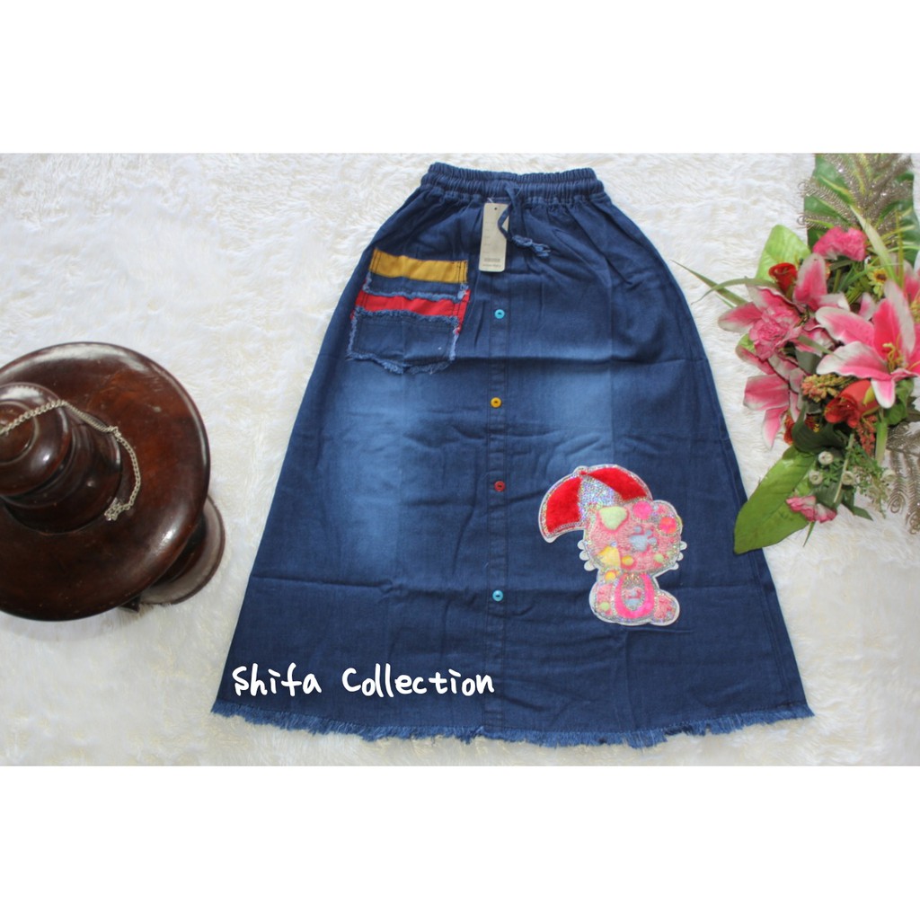 Rok Jeans / Rok Panjang Anak Perempuan / Motif Karekter Boneka Bulu / Bahan Jeans Bratatex 6,5 Ons / Ukuran 4 5 6 / M L XL dan Anak Tanggung (4-13 tahun)