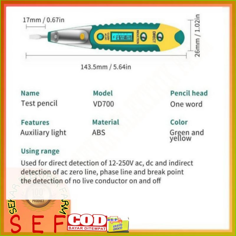 TESPEN DAN OBENG DIGITAL MENGETAHUI KABEL PUTUS,  DC ATAU AC AC / DC 12-250volt (bisa untuk Adaptor DC 12V, sama DC 24V)