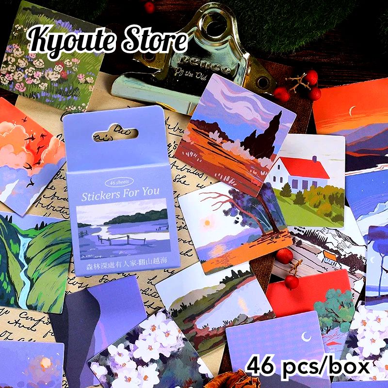 

46 pcs Sticker Nature Painting Landscape Blue Scrapbook Journal DIY Bujo Letter Planner