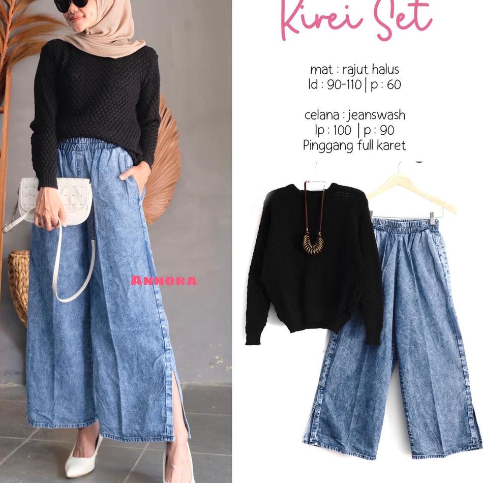 Stok terbatas.. kirei set setelan rajut + celana jeans kulot annora