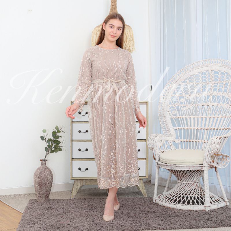 Ken-253 Busana Muslim Gamis Long Dress kondangan Longdress  Hijab Wanita Mewah Baby doll Dress Korean Look Style Premium Full Tulle Bordir Free Tali Pinggang