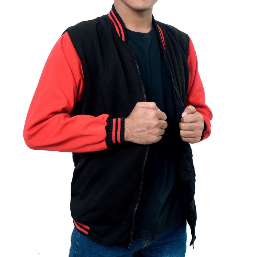 Jaket Baseball Bomber Hitam Merah  Saku Dalam Jumbo Big Size Pria Terkeren