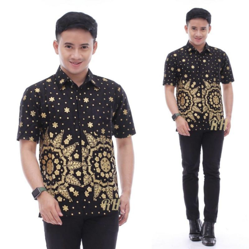 PROMO BATIK COUPLE KELUARGA SARIMBIT sania ruffle batik ori ndoro jowi motif MATAHARI PRADA HITAM-KEMEJA PENDEK