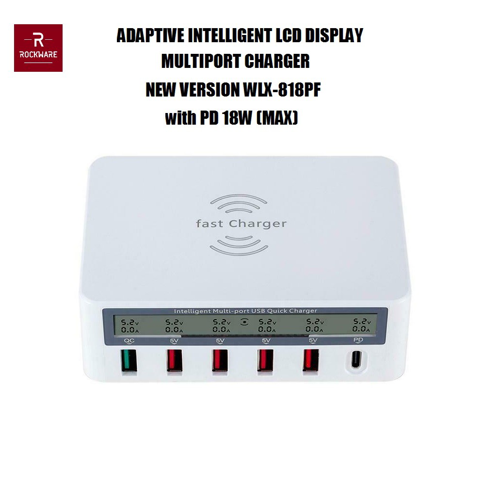 ROCKWARE 818PF Charger 5 USB-A and 1 PD 18W Wireless Charge - 100W 8A - Charger Multiport Universal