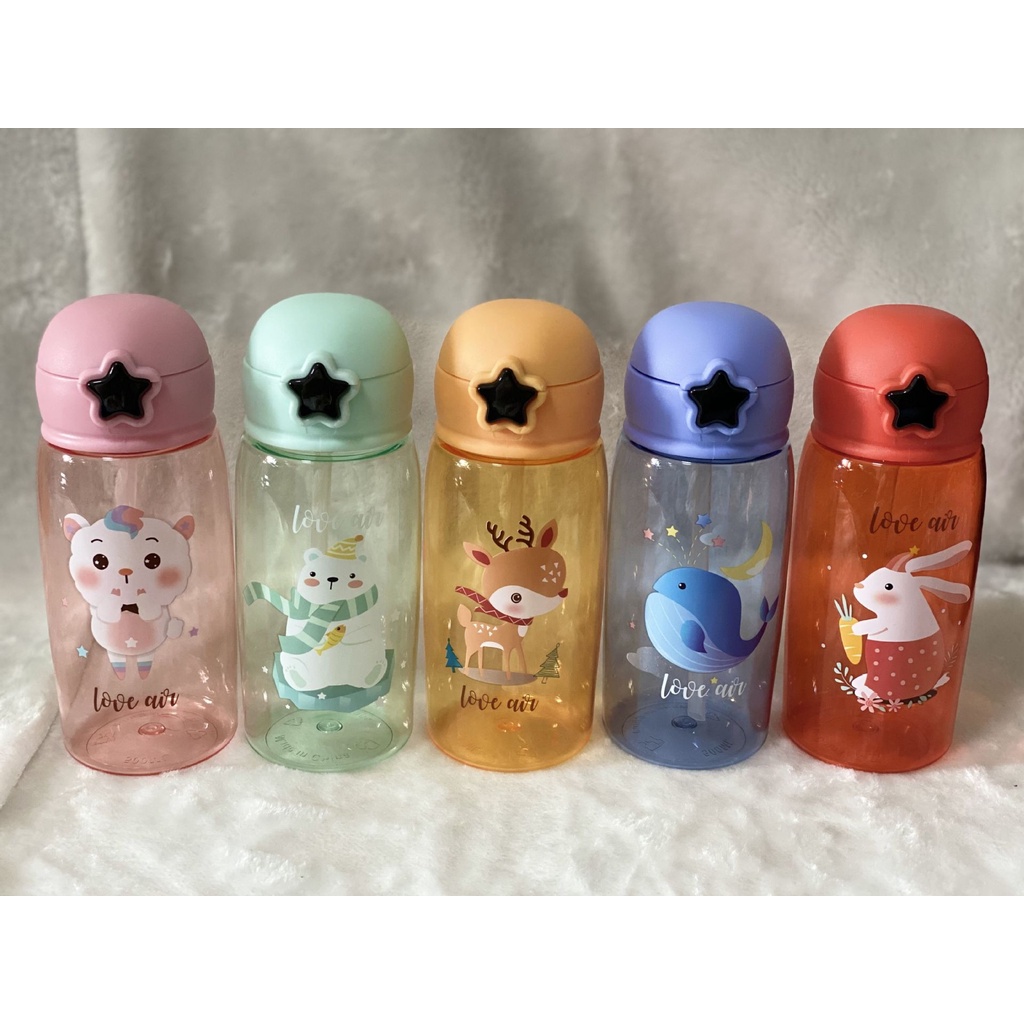 MOGYMOGY BTL004 Botol Minum Sedotan Flip Bening Transparan Berwarna Motif Kartun Water Bottle