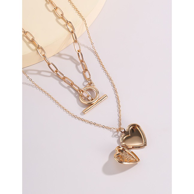 LRC Kalung Fashion Gold Color Heart Alloy Ot Clasp Multilayer Necklace P11125