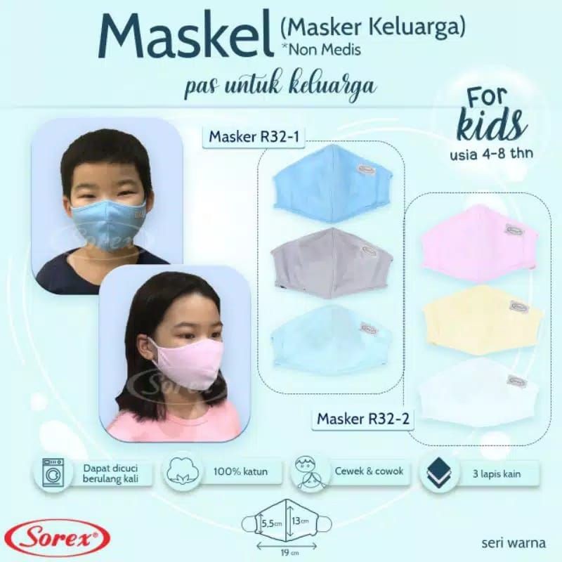 (3pcs)masker katun Sorex Non Medis Usia 1-8 Tahun