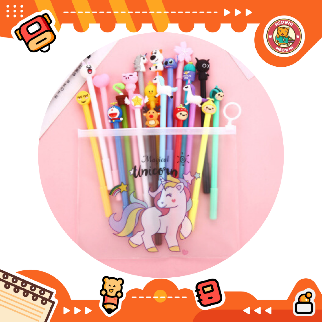 

10pcs Pulpen Set Karakter Campur Free tempat pensil Cactus unicorn pvc BD0009