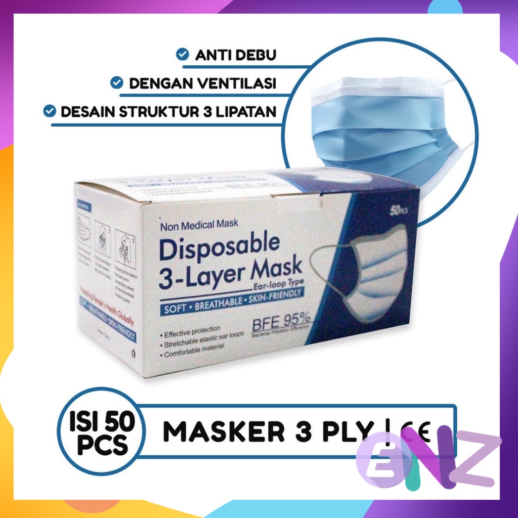 ENZ ® MASKER EARLOOP MEDIS 3PLY 3 PLY ISI 50PCS MASKER DISPOSABLE BIRU HITAM PUTIH 3 PLY ISI 50 PCS UKURAN DEWASA 1005