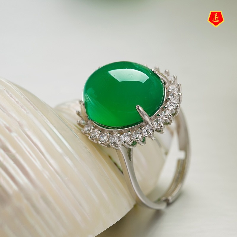 [Ready Stock]Emerald Ring 925 Silver Ethnic Style Elegant Fashion Temperament