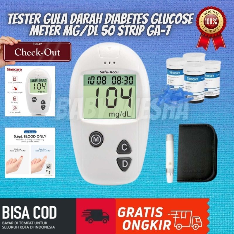 Sinocare Tester Gula Darah Diabetes Glucose Meter mg/dl 50 Strip GA-7 / Alat Tes Gula Darah / Alat cek Gula Darah dalam Tubuh / Tester Gula Darah / Alat Ukur Gula Darah