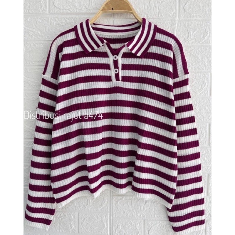 SWEATER RAJUT KERAH MOTIF GARIS SECER WANITA