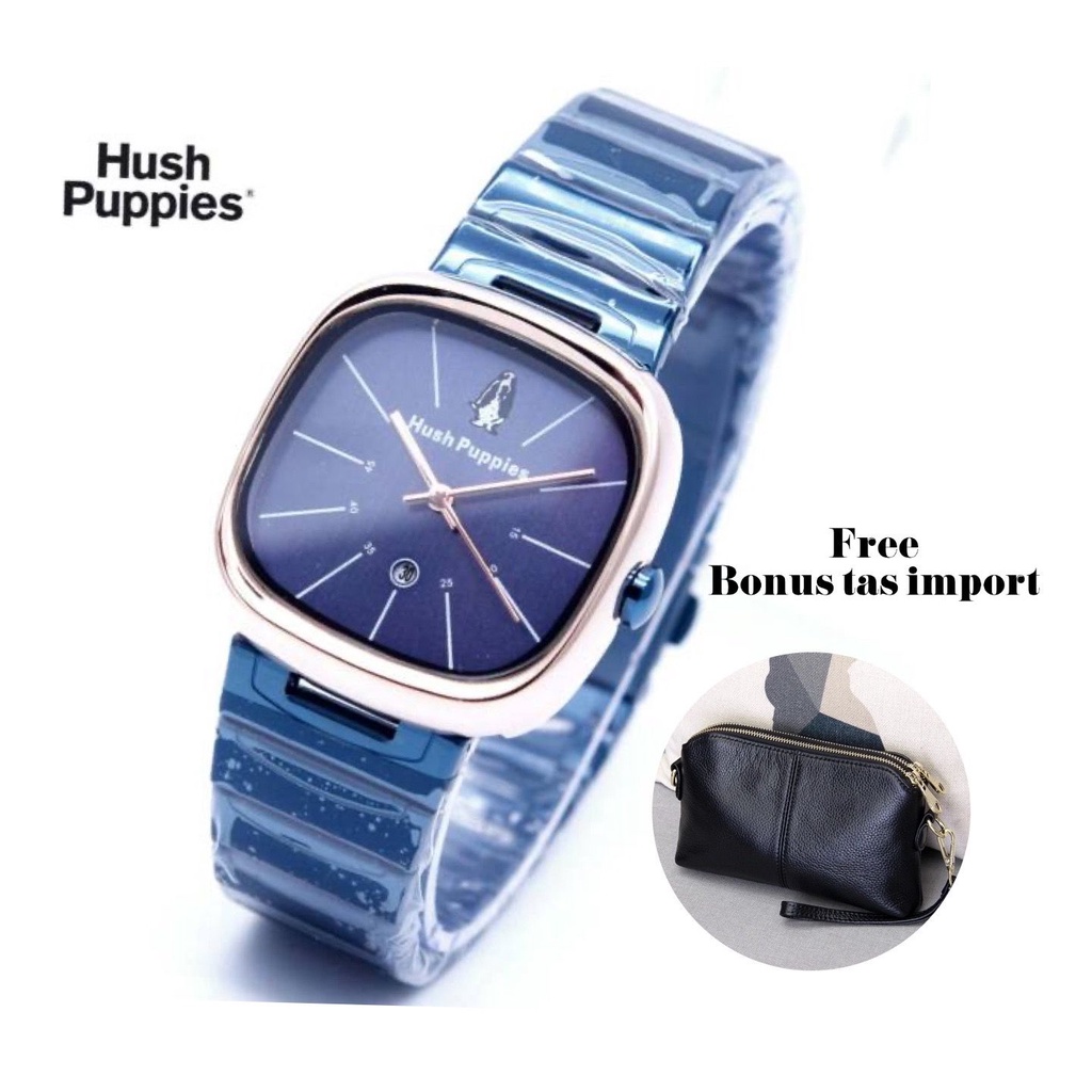 Jam Tangan Wanita FREE TAS IMPORT Cewek Hush Puppies Segi Full Stainless Tanggal Aktif