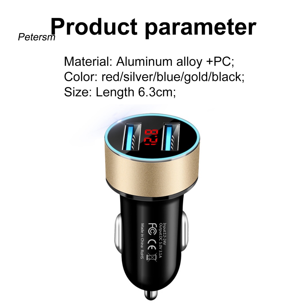 Adapter Charger Mobil Dual Port USB 3.1A Bahan PP Dengan Layar LCD