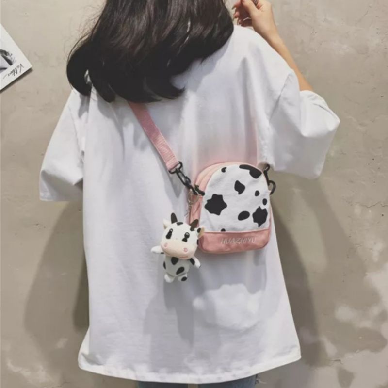 HDS_BAG / HUAZHYU Tas Slempang Wanita Slingbag Tas Selempang Bahu Kanvas Wanita Tas slempang Wanita motif Cow