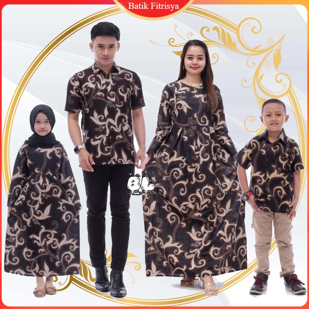 Set Batik Keluarga - Batik Keluarga HIjab - Ibu Bapak Anak - Motif Tanaman Kangkung Hitam - Dress Tu