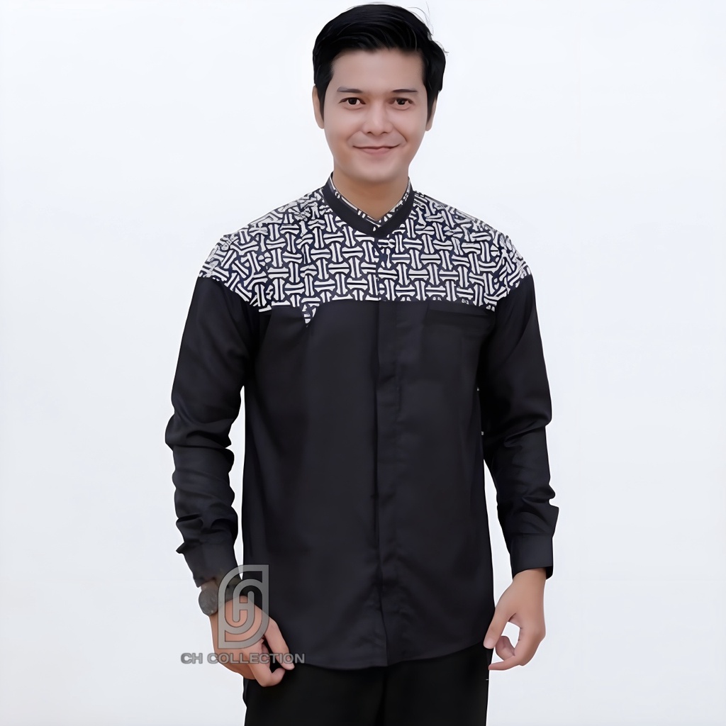 Baju Koko Pria Dewasa Lengan Panjang Motif Falcon Kombinasi Batik Terbaru Warna Putih