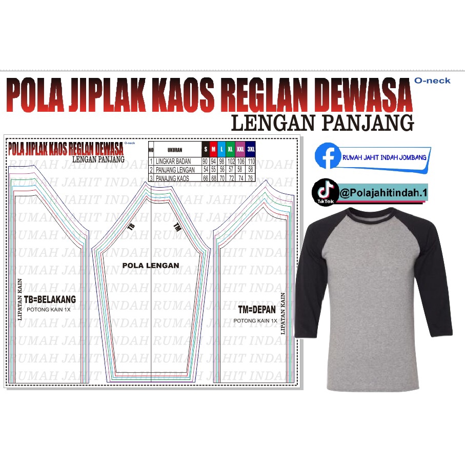 Pola Jiplak Pola Instan Pola Kaos Raglan Dewasa O neck Lengan Panjang ukuran S-3XL