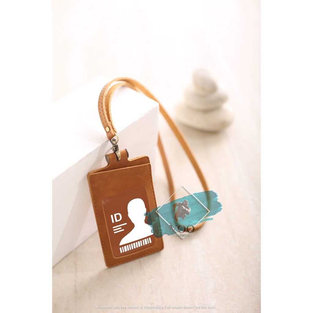 Name Tag ID Card Holder Temboro COKLAT Kalung Premium ID Badge Leather Clip Gantungan Identitas